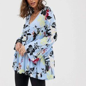 Free People Bella Floral Printed Tunic Top Long Sleeve V-Neck Shirt Blouse